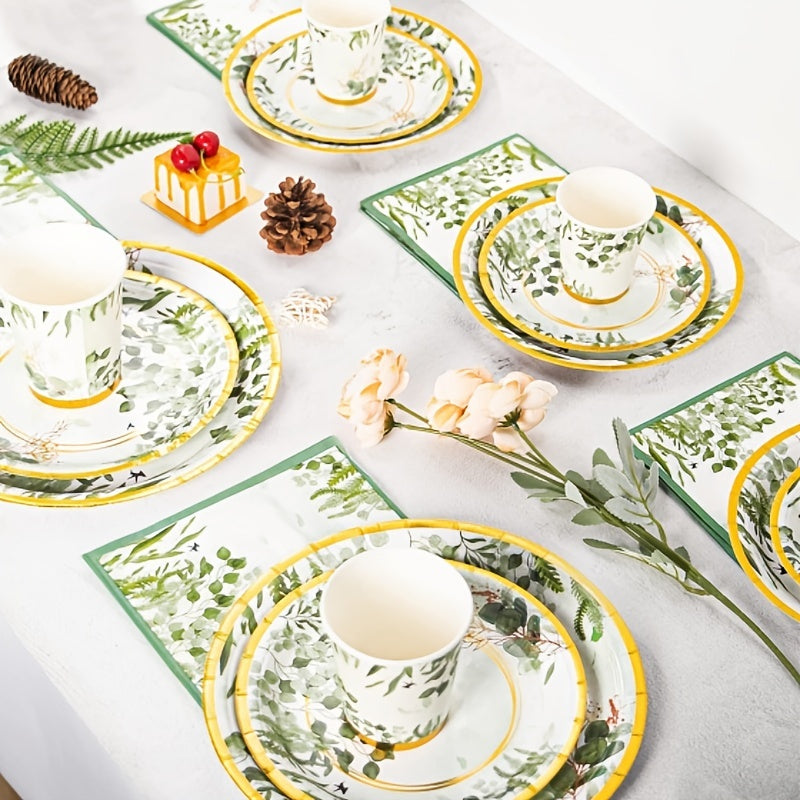 Disposable Green Leaves Themed Tableware Set - Includes 120 Pieces, Ideal for Serving 24 Guests. Perfect for Elegant Party Decor with Paper Plates, Dessert Plates, Napkins, and Paper Cups. Stylish Supplies for Birthdays, Weddings, Festivals