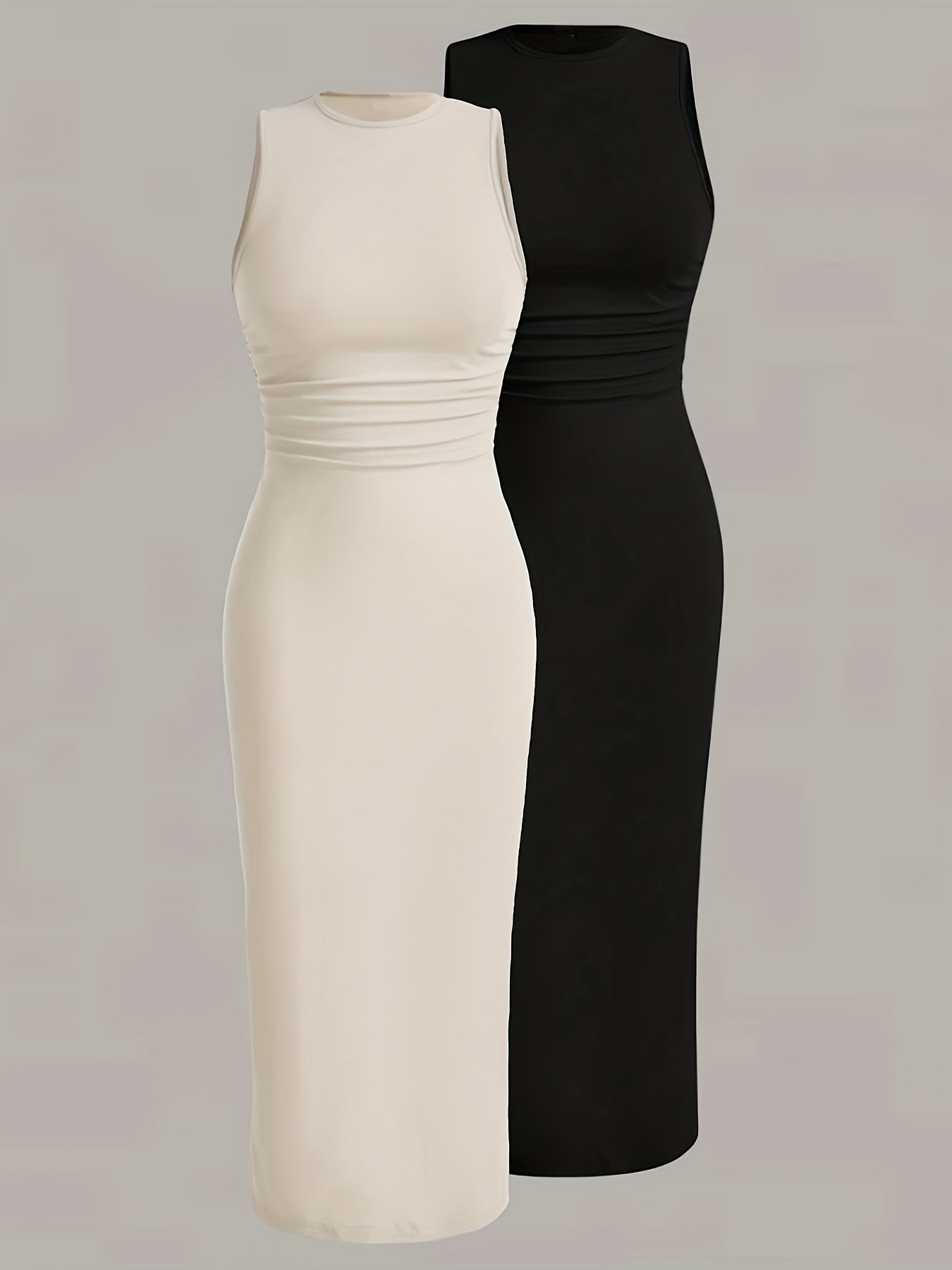 Solid color sleeveless dress with tight fit and round neck, in a two-piece set.