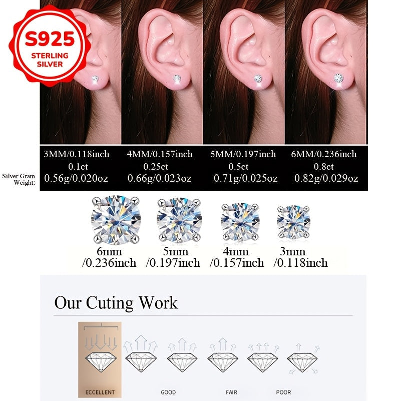 Stylish 925 Sterling Silver Stud Earrings for Women with White Cubic Zirconia - Available in Various Carat Sizes (0.1-0.8CT) and 3/4/5/6mm - Perfect for Everyday Wear and Gifting, Comes with Free Gift Box and Daily Care Supplies including Oxides