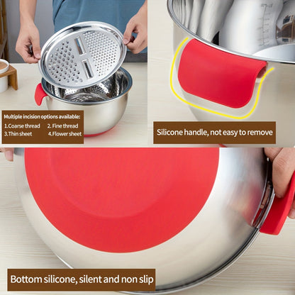 Set of 3 food strainers with silicone handles, includes grating basin, mixing bowl, and colander. Also includes a non-slip cream whipping container with measuring marks, all made of stainless steel.