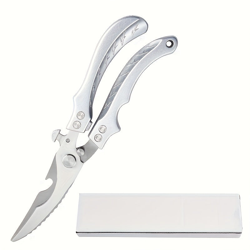 Steel kitchen shears made of stainless steel with automatic return feature, ideal for cutting chicken bones and various kitchen tasks.