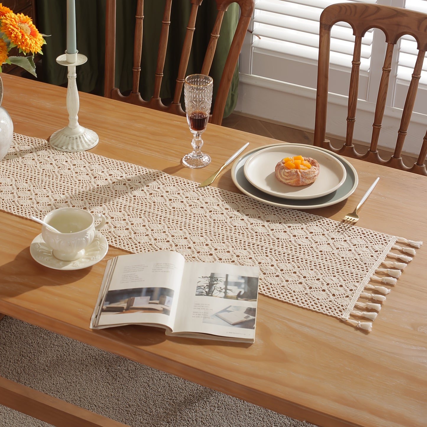 Beige geometric crochet table runner made of pure cotton linen with small rhombus pattern and hollow lace design.