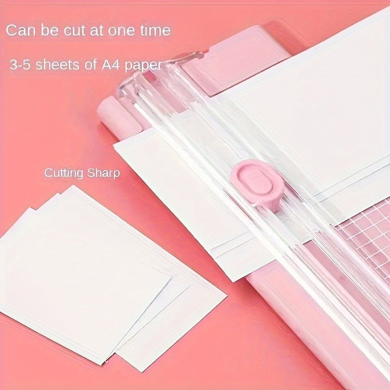 Compact sliding paper cutter for A4 paper, photos, copy paper, and stationery. Dual-direction design with measuring ruler. Available in bright pink, purple, green, blue, and black. Compact