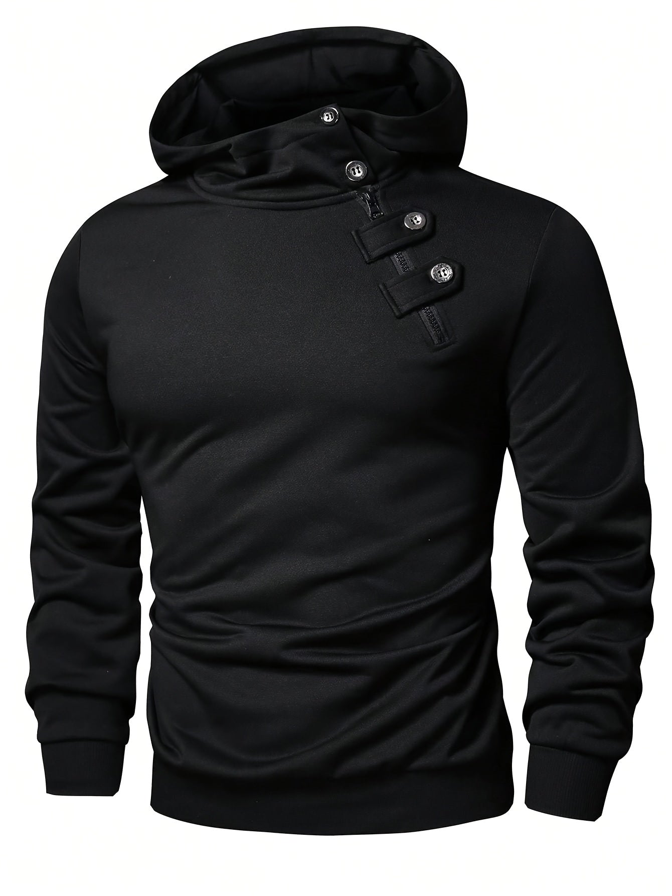 Men's casual polyester hoodie with button detail, solid color knit fabric sweatshirt with slight stretch, regular fit hooded pullover for spring/fall.