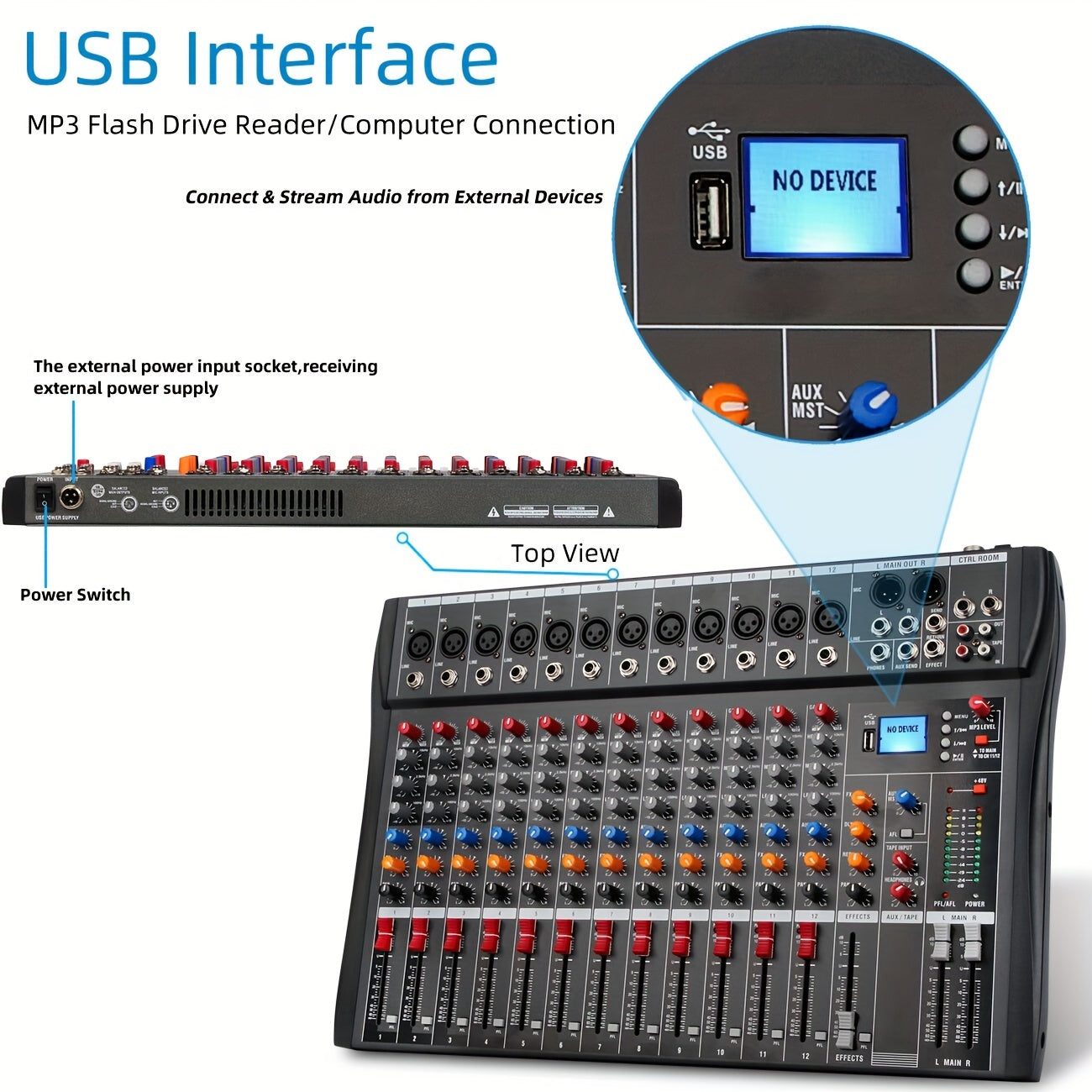 Depusheng 8/12 Channel Audio Mixer with USB, XLR Microphone Jack, 48V Power, RCA Input/Output, suitable for professionals and beginners (EU PLUG).