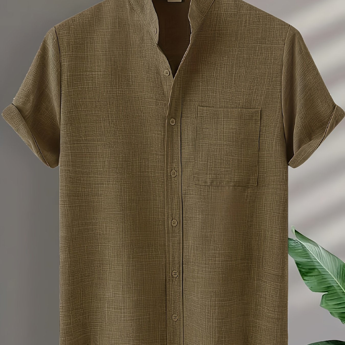 Men's short sleeve stand collar shirt in solid color, perfect for summer outdoor activities.