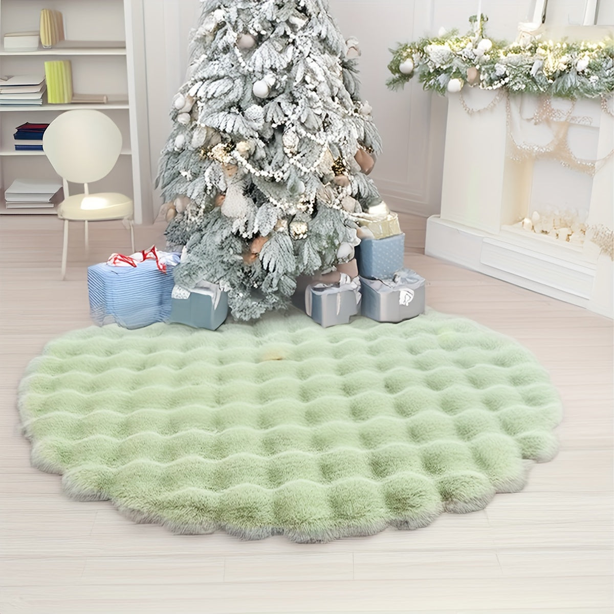 Bubble velvet fabric round carpet suitable for indoor decoration. This high-end, soft, and easy to clean carpet is fluffy, warm, and cute. Perfect for adding a festive touch to your home during Christmas. Can be used in the bedroom, living room