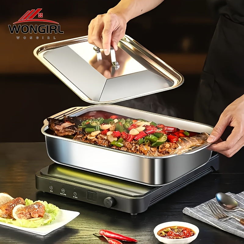 Stainless steel baking pan set with lid, non-stick, versatile for desserts, bread, BBQ and more. Heat resistant, easy to clean, includes rectangular baking trays, seafood trays, dinner