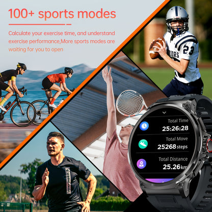 TIZOOP Outdoor Smart Watch features a 4.7cm HD display, 710mAh long-lasting battery, 100+ sports modes, step tracking, activity reports, and water resistance for both Android and iOS phones.