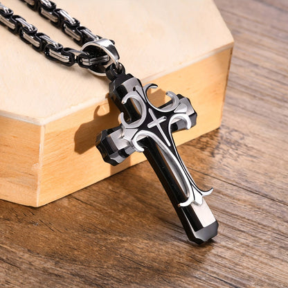 Men's Fashionable Byzantine Necklace with Double-layer Stainless Steel Cross Pendant