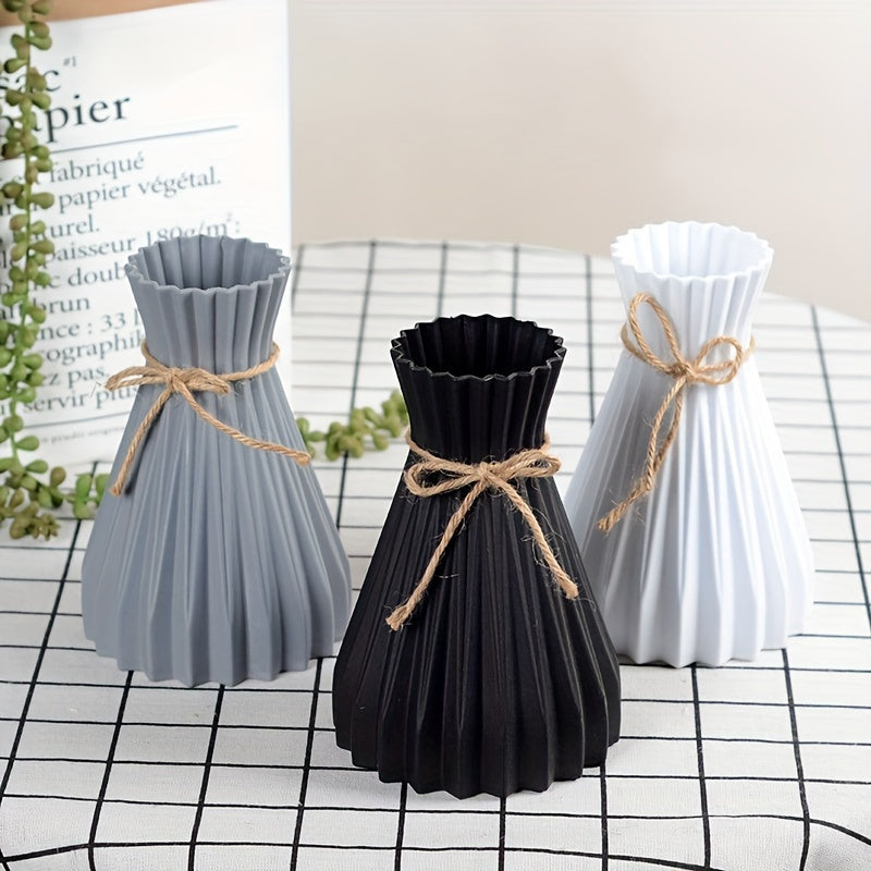 Modern plastic vase for living room or office table decoration, featuring a waist design suitable for flower arrangements. Nordic style with corrugated texture. Flowers not included.