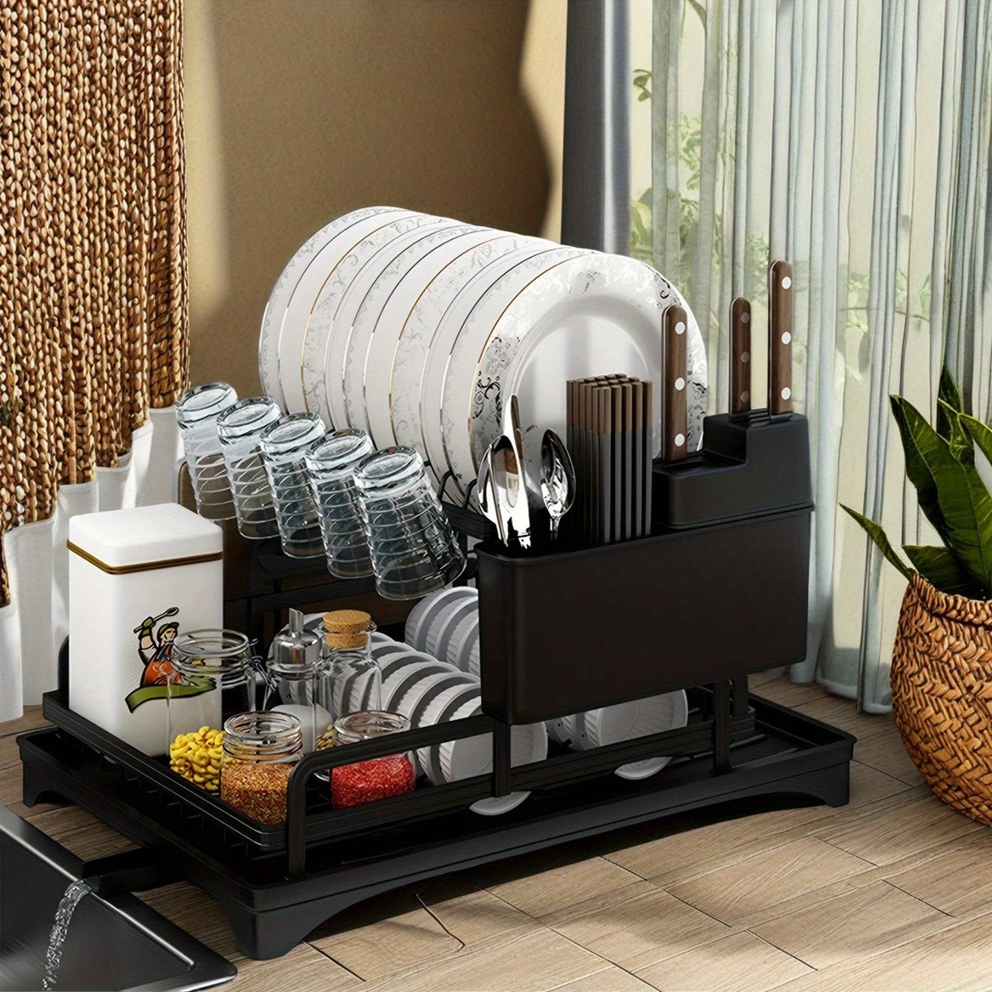 Modern Metal Kitchen Dish Drying Rack featuring Utensil Holder and Drainboard - Versatile Countertop Storage Organizer for Dishes, Knives, and Flatware - No Electricity Needed