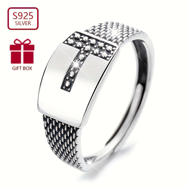 VIGG S925 Sterling Silver Hip Hop Style Geometric T-Shape Adjustable Open Ring for Men and Women, Unisex Punk Festival Fashion Jewelry, Perfect for Daily Wear and All Seasons