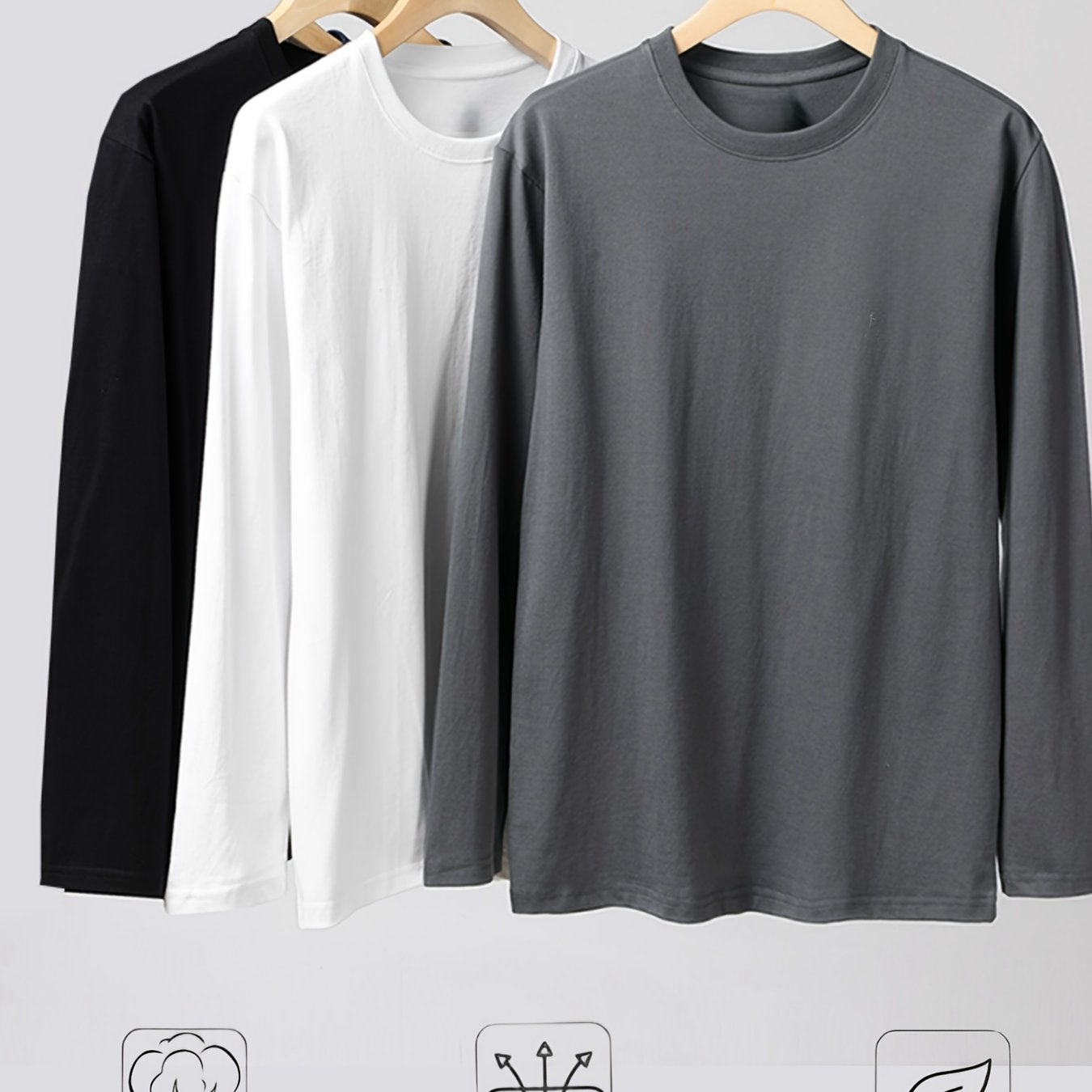 3 Men's Long Sleeve T-Shirts in Black, Beige, Gray - 100% Cotton, Breathable, Casual for Spring & Autumn