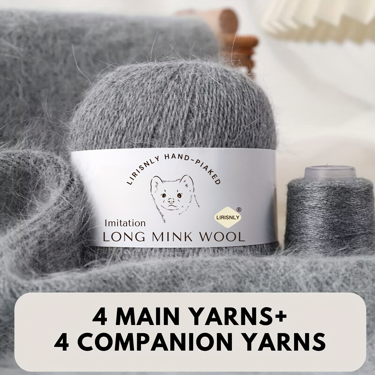 4pcs of faux mink wool and long wool totalling 280g, with 50g faux mink wool and 20g companion thread each. Skin-friendly and warm, suitable for knitting scarves, sweaters, hats, etc.