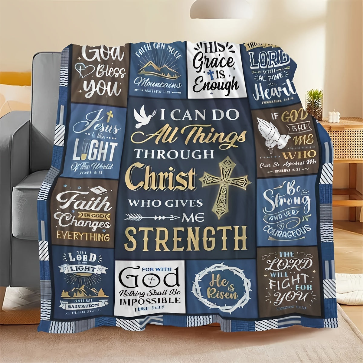 One piece of Christian Inspirational Quotes Flannel Fleece Throw Blanket featuring Religious Scripture Verses. This tear-resistant blanket is perfect for all seasons and has a digital print design. Made of polyester in a contemporary style, it is a great