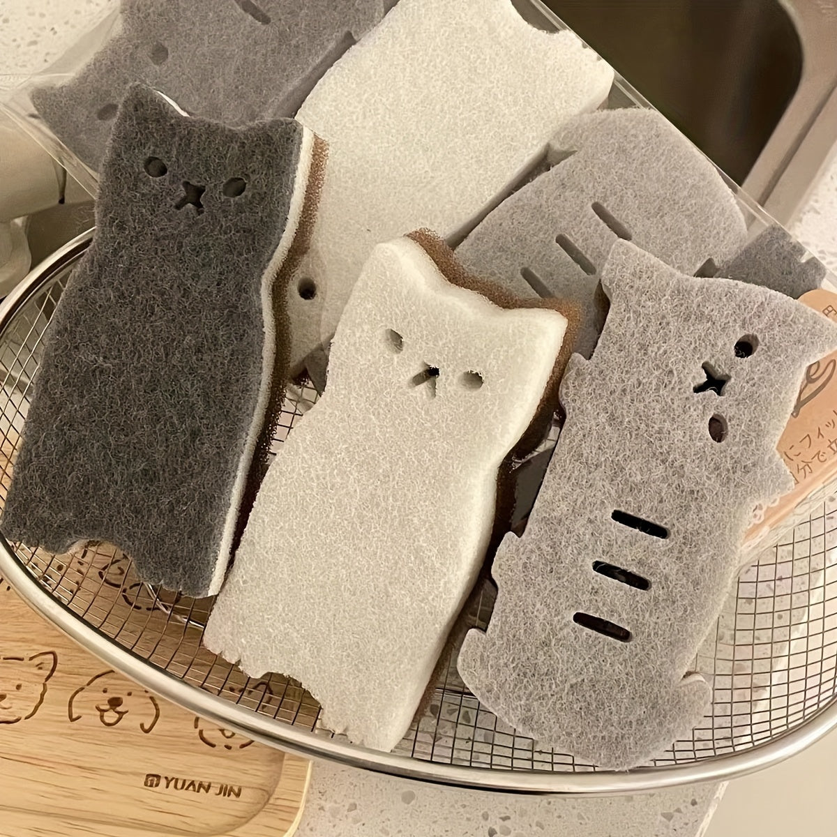 4 piece cat sponge set for kitchen - durable tools for dishwashing and cleaning.