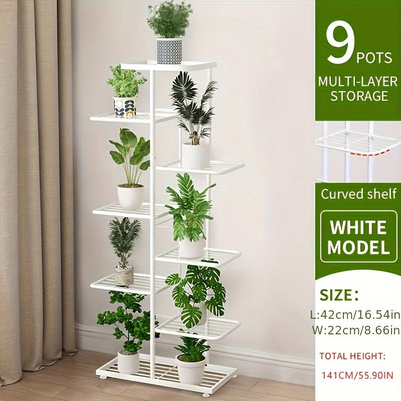 Special offer: Black Five metal plant stand with 8 layers, holding up to 9 potted plants. Ideal for indoor or outdoor use, displaying succulents and green plants. Features rust-proof