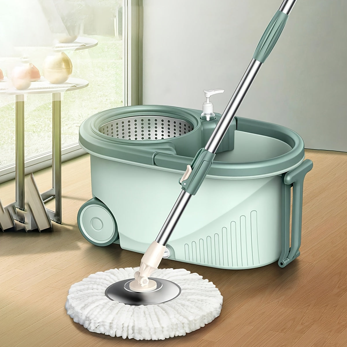 Get the convenience of hands-free cleaning with the 1set Dual-Drive Spin Mop and Bucket Set. This innovative system features a self-wringing mechanism, manual press wheel, and automatic dewatering for easy use. No electricity required, making it perfect