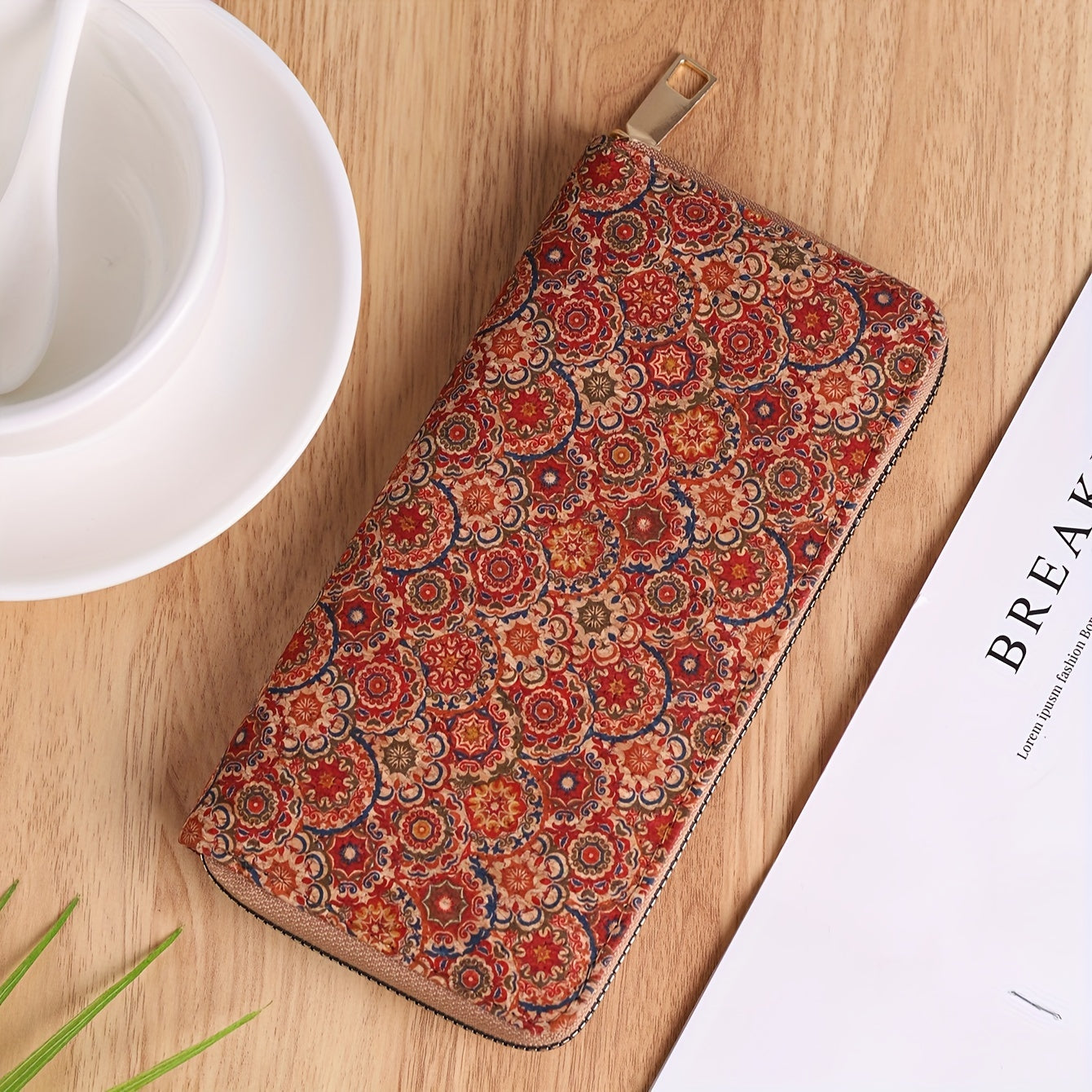 Women's vegan leather wallet with floral print, clutch coin purse, and faux wooden credit card holder.