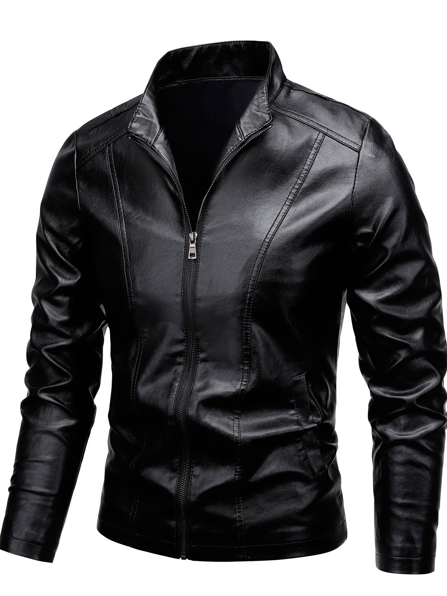 Men's PU Leather Stand Collar Motorcycle Jacket for Outdoor Wear in Spring and Fall