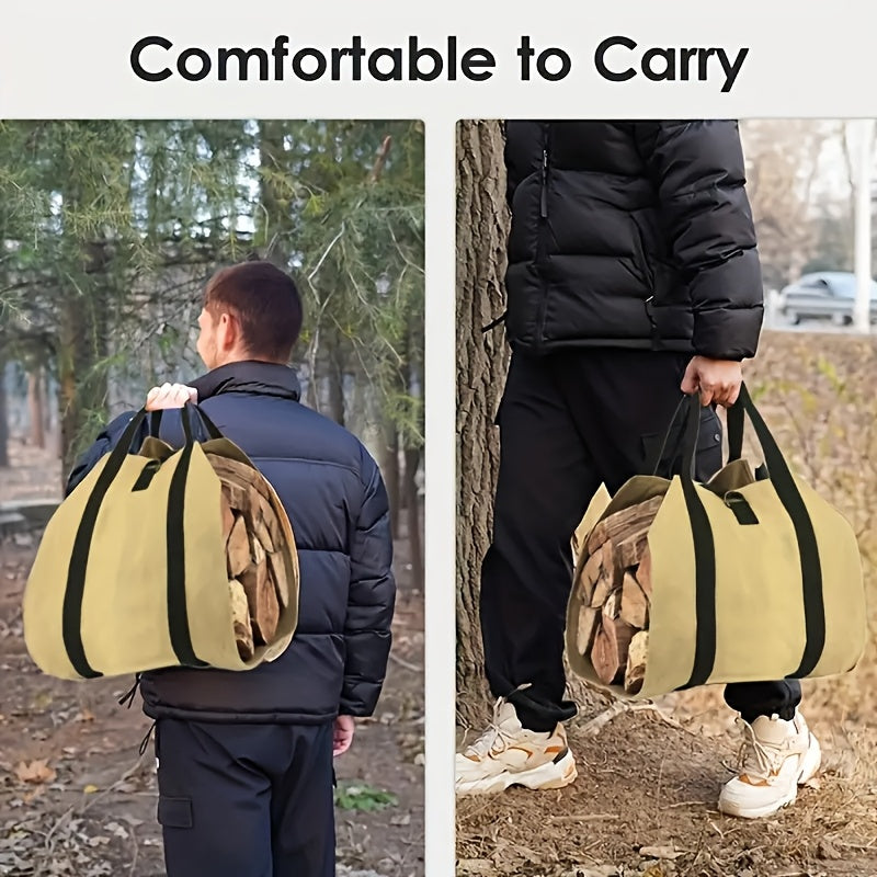 Durable Fabric Firewood Carrier Bag with Handles, Collapsible Log Tote, Ideal for Kitchen Camping Travel and Outdoor Heating, Fireplace Accessory