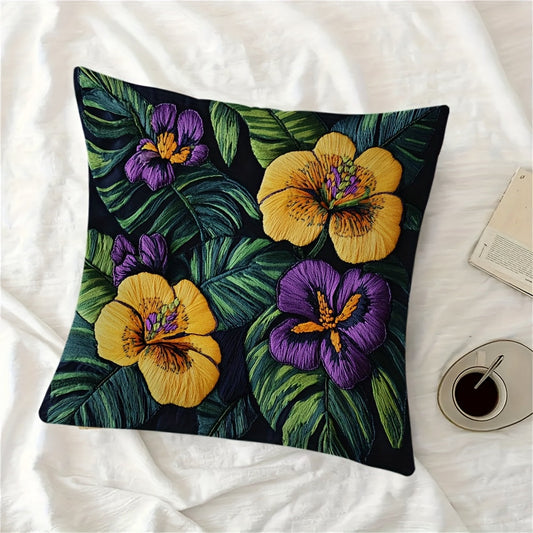 Square Pillow Cover with Tropical Floral Embroidery, Made of 100% Polyester, Double-Sided Design with Zipper Closure, Easy to Clean in Washing Machine, Ideal for Home or Office Farmhouse Style Decoration