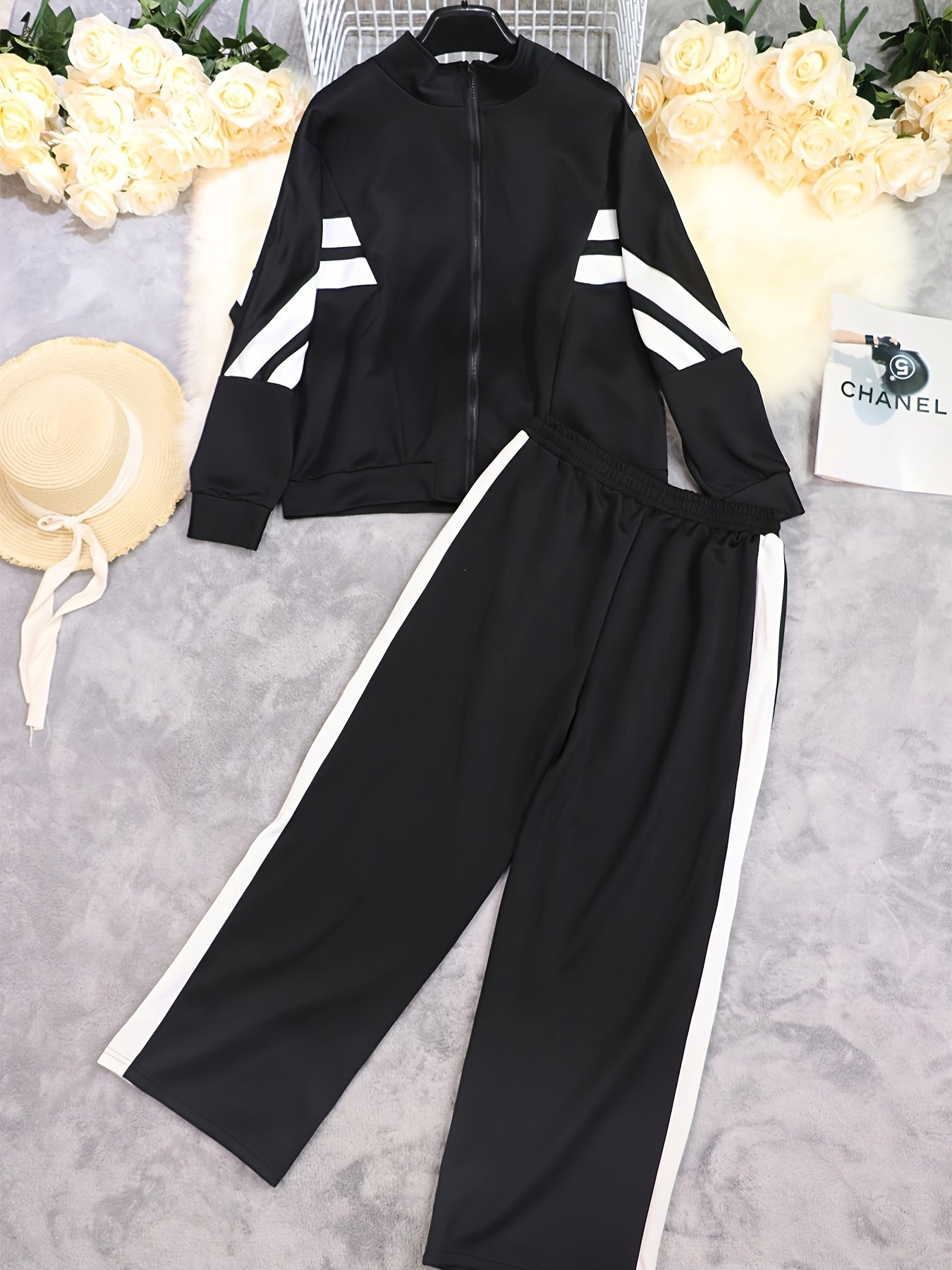 Plus Size Autumn/Winter Striped Long Sleeve Women's Two-Piece Pants Set