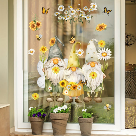 Add a touch of whimsy with this charming Bee & Gnome Elder Sunflower Daisy Electrostatic Window Cling. Made of durable, double-sided, reusable PVC sticker that is 5mil thick for vibrant home decor. Featuring a playful Gnome design and Sunflower Daisy