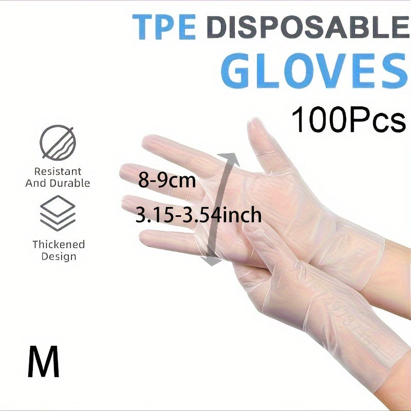 100 pieces of waterproof TPE disposable gloves that are food-safe and multipurpose. These clear gloves are powder and latex-free, making them ideal for cooking, cleaning, pet grooming, and painting. They are durable and lead-free, suitable for various