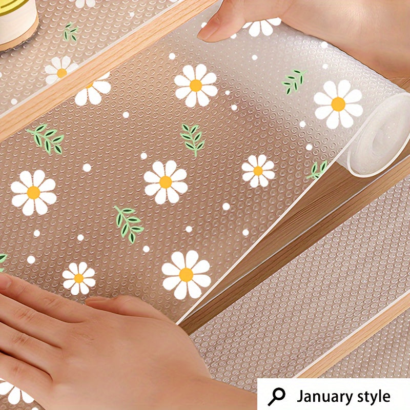 Get a single roll of EVA shelf liner featuring a fresh floral design. This liner is non-slip, moisture-proof, dust-proof, and oil-resistant, making it perfect for use in the kitchen, wardrobe, or shoe cabinet. It is easy to cut and clean, making it a