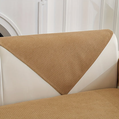 Stylish beige velvet sofa slipcover, pet-friendly and machine washable with backrest and armrest protection. Soft textured fabric suitable for living room, bedroom, or office decor.