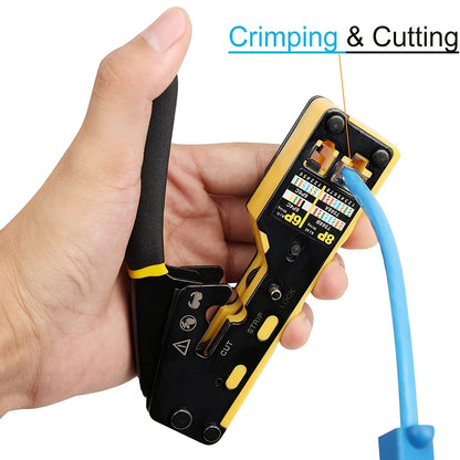 Ratcheting tool for modular data cables cutting and stripping RJ11/RJ12 and RJ45 connectors.