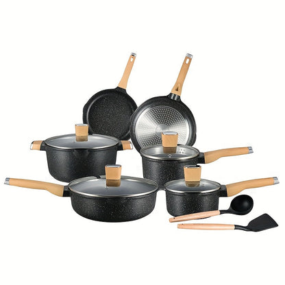 A set of 13 pieces of cast iron cookware featuring non-stick, coating-free, thickened pots and pans, perfect for cooking noodles, stews, and more on the stove.