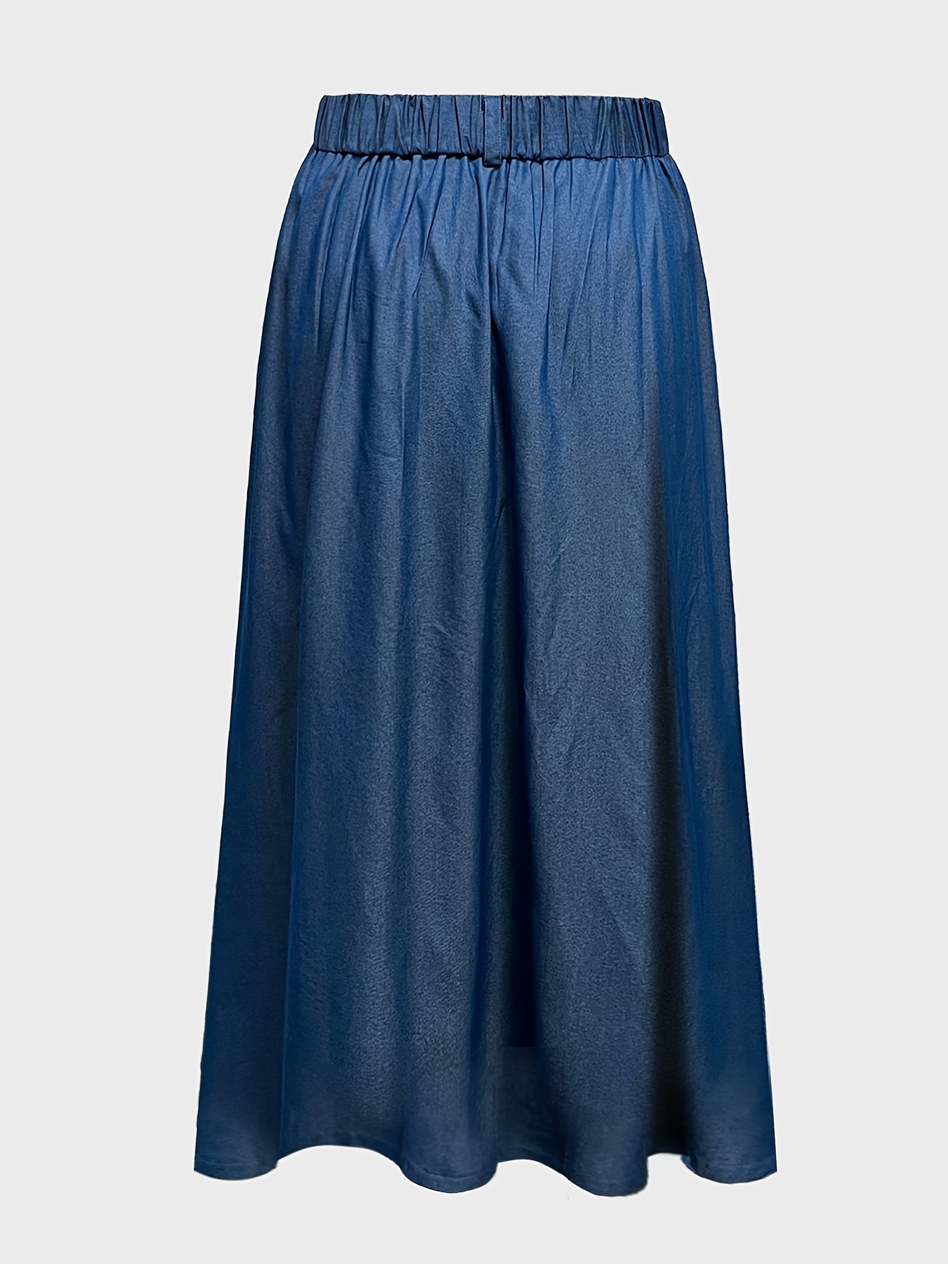 Plus size denim midi skirt with decorative button pockets, casual bohemian style in dark blue. Non-stretch, machine washable with faux button detail. Perfect for spring/summer/fall.