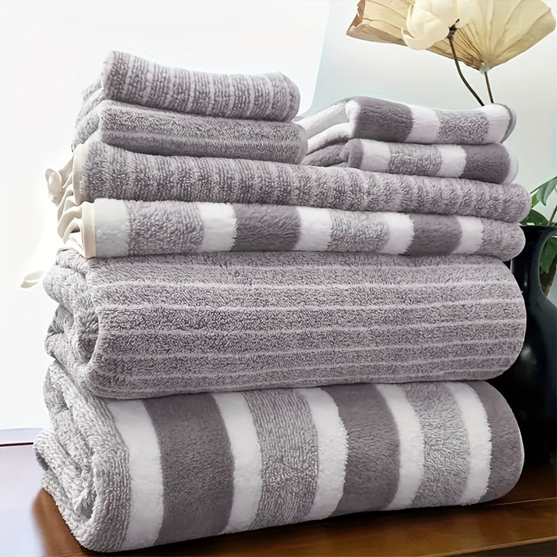 8-piece Striped Bath Towel Set with face, hand, and bath towels for hotel, sports, travel, fitness, and yoga. Soft, absorbent, and quick-dry. Ideal bathroom essentials with decorative towel