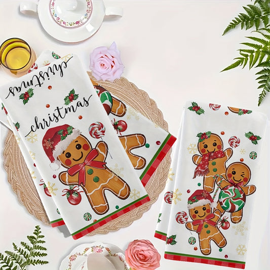 2 Christmas gingerbread man & lollipop kitchen towels - ultra-soft, absorbent microfiber cloths for holiday decor & home use