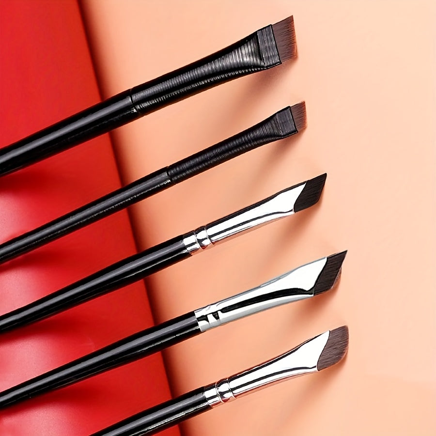 Compact 5-piece eye makeup brush set with sickle-shaped and angled eyeliner brushes and an eyebrow brush for creating beautiful eye looks. Perfect for travel and gifting.