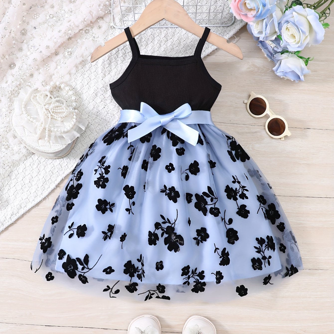 Girls Splicing Flower Graphic Cami Tutu Dress for Summer Party Gift