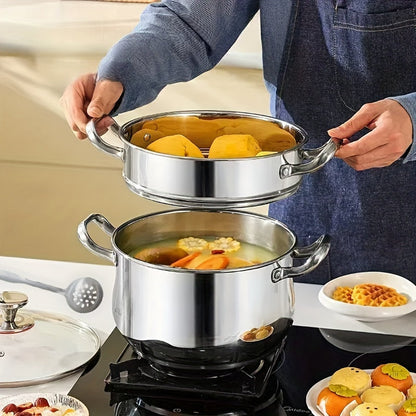 This 5-piece set of Stainless Steel Soup Pots comes with double handles and includes 2 pots, 1 lid, and 2 spoons. It is compatible with both induction cookers and gas stoves, making it perfect for preparing soup, hot pot, noodles, and seafood soup.