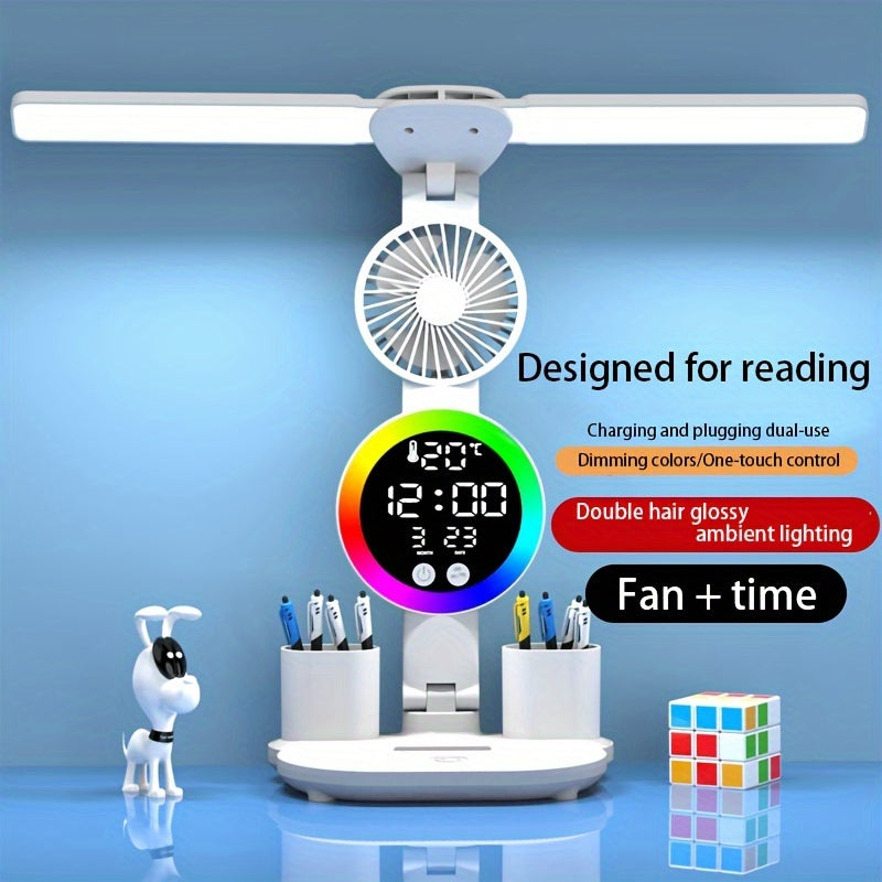 LED fan plug-in lamp with dual head lighting and radio, ideal for studying in college dorms or bedrooms. No battery required.