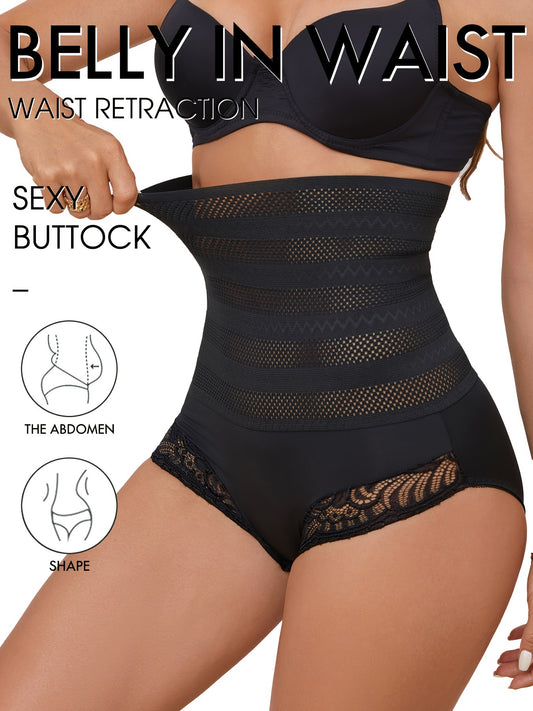 High waist compression panties with lace detail for shaping and lifting buttocks, tummy control.