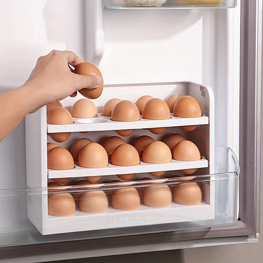 Large capacity plastic refrigerator egg holder with flip storage box for organizing and maintaining freshness of 30 eggs without batteries.