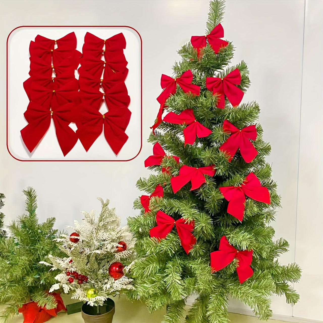 12-Pack of classic red Christmas tree bows, festive plastic and fabric holiday decor, no electricity or batteries required, featherless universal tree topper.