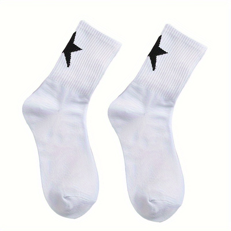 2/3 Pairs of Star Pattern Crew Socks for Men and Women - Breathable Polyester-Spandex Blend, Mid-Calf Basketball Socks with Geometric Design, Black & White, Cute Summer Socks