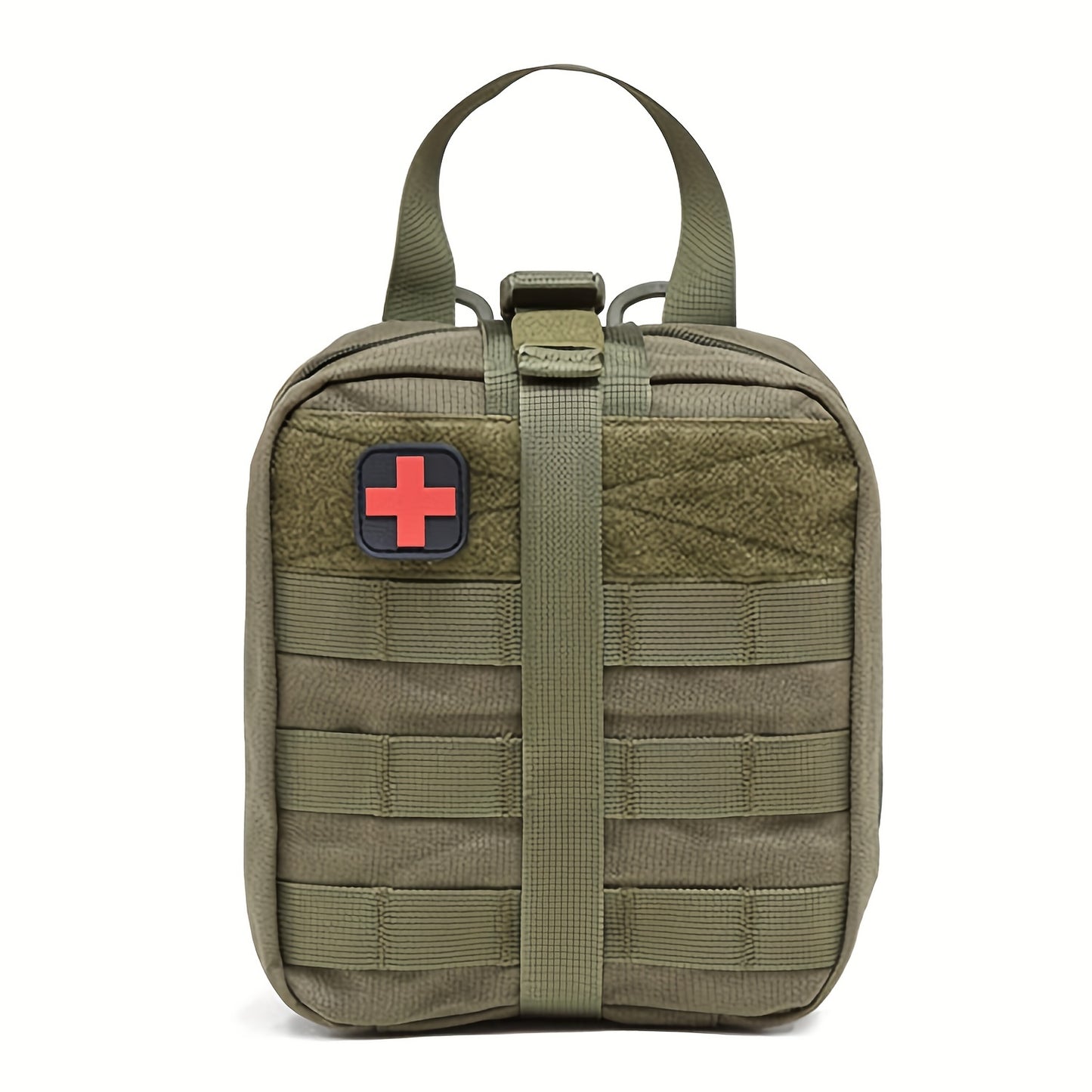 Rugged tactical first aid kit with quick release EMT pouch and MOLLE system in durable nylon bag for outdoor survival, green.