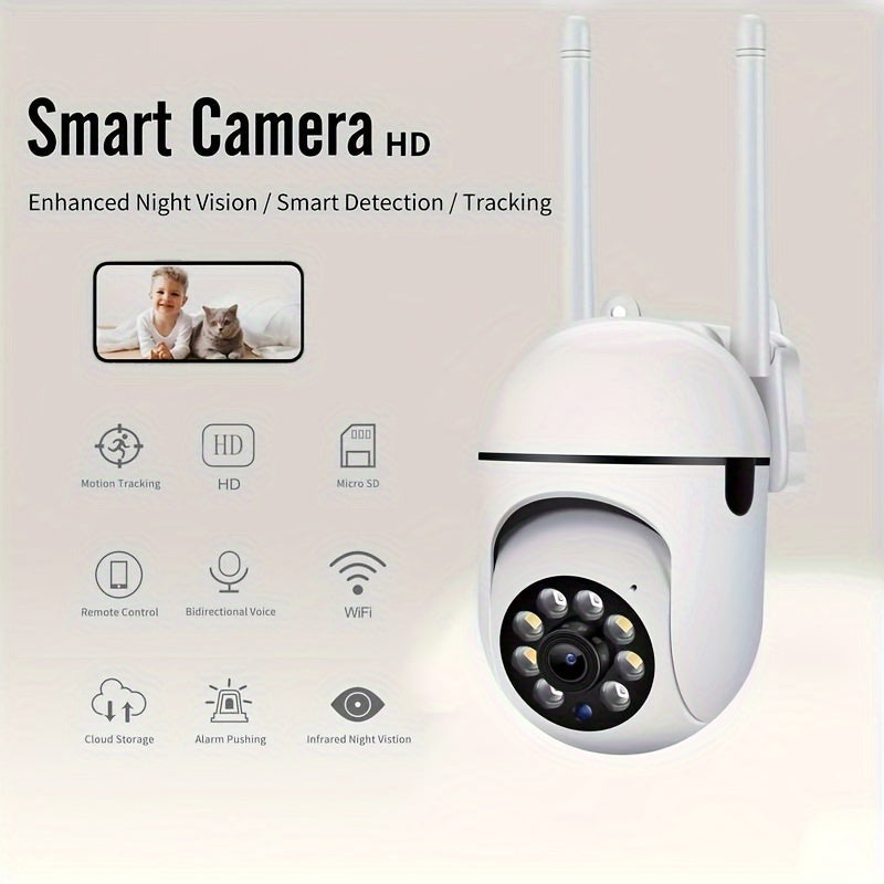 Motion tracking HD WiFi security camera featuring full-color night vision and two-way audio. USB powered and compatible with smartphones.