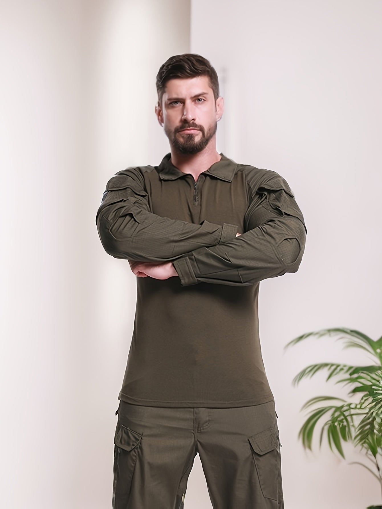 ESDY Men's Camouflage Long Sleeve T-Shirt, Polyester 80%, Cotton 20%, Stand Collar, Pocket Detail, Regular Fit for Various Outdoor Activities - Spring/Fall Gear