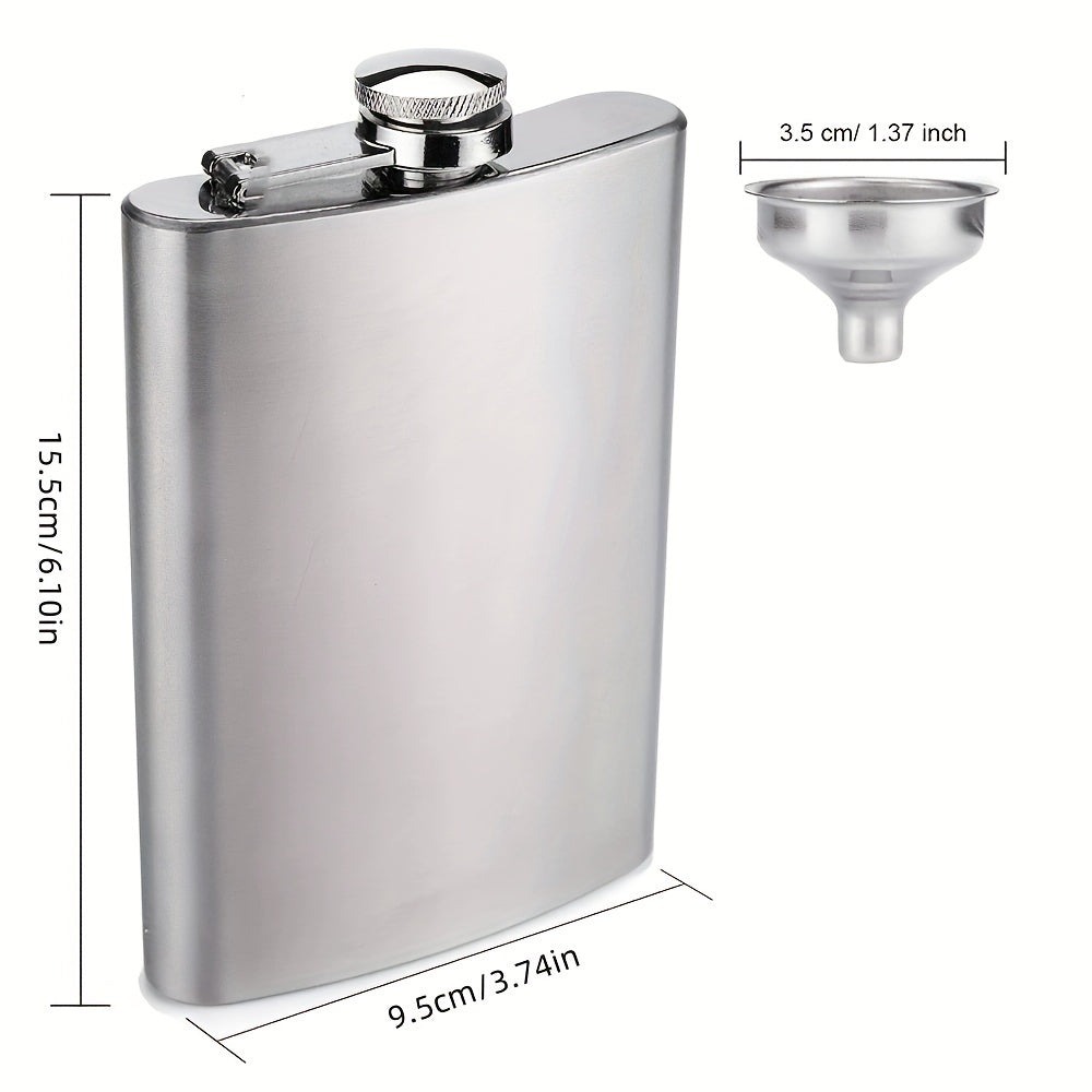 Portable stainless steel hip flask for alcohol, with screw cap and pocket-sized design for outdoor use.