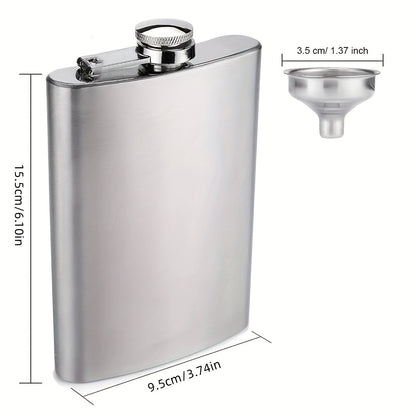 Portable stainless steel hip flask for alcohol, with screw cap and pocket-sized design for outdoor use.